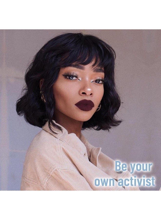 CLENEA Short Black Bob Wig With Bangs Synthetic Natural Hair Wigs for Women Wavy Shoulder Length Wig Water Wave - Image 5